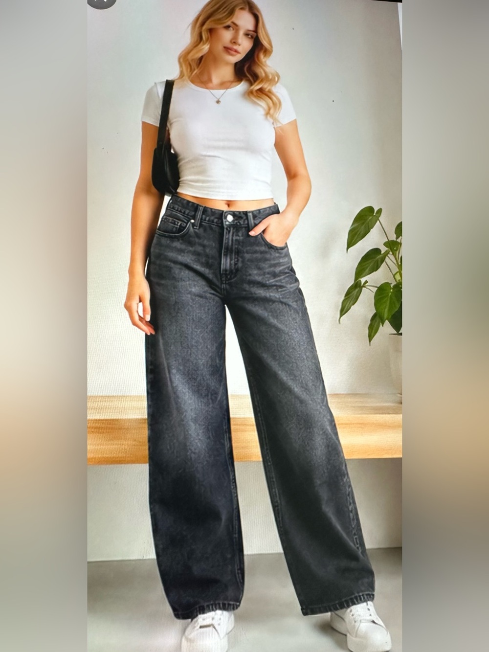 HOLLISTER HIGH-RISE BAGGY JEANS  WASHED CHARCOAL BLACK WIDE LEG W28/6R